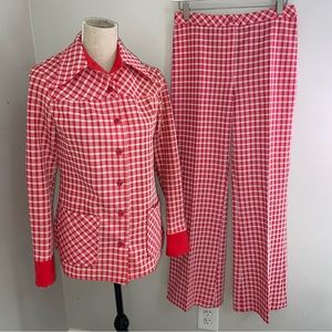 Alex Colman vintage pink & white houndstooth leisure pants suit size Small 6-8